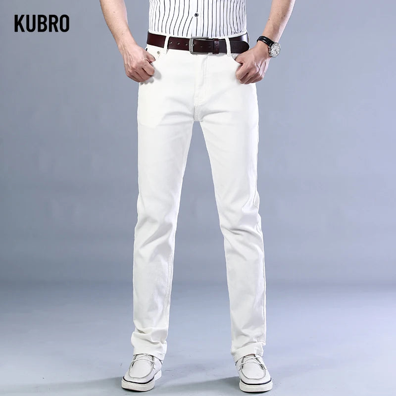 Brand Classic Style Men's Wine Red Jeans Fashion Business Casual Straight Denim Stretch Trousers Male Denim Pants Korean reviews