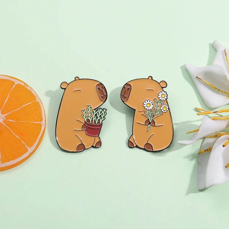 Cute Capybara Animal Enamel Pins Cartoon Cappy with Coffee Metal Brooches Lapel Badge Funny Animal Jewelry Gifts for Friends