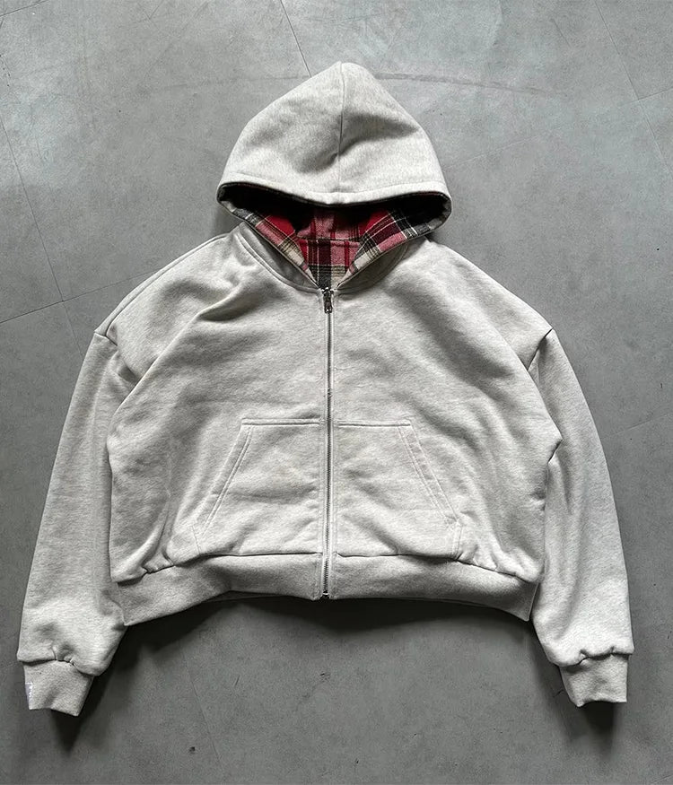 Winter Casual Plaid Print Hoodie Women's Warm Zip-Up Double-Sided Wear Sweatshirt Female Fashion Trendy Loose Hooded 2025 New