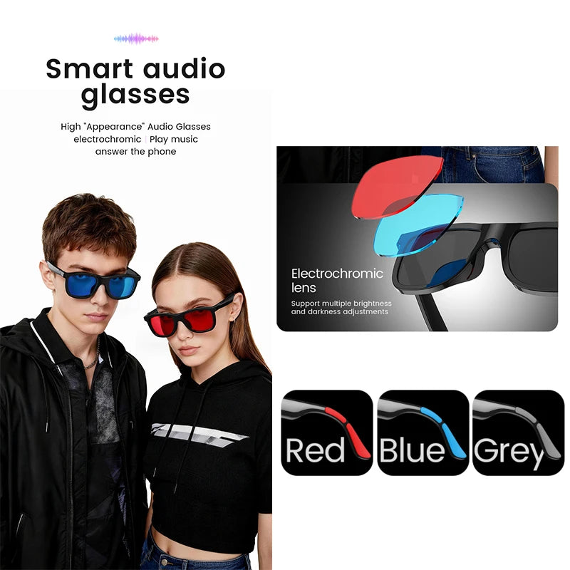 Audio-Brille mit hochwertigem Design, elektrochrome Gläser, Anrufannahme, Musikwiedergabe, magnetisches Laden, Farbwechsel per Touch, Smartglasses
