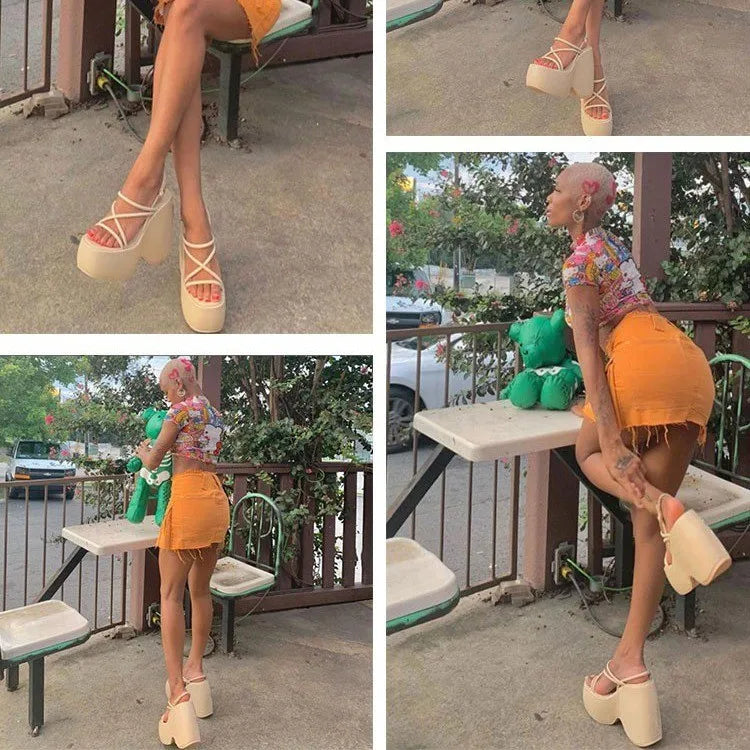 Summer High Heel Sandals Women Fashion Square Head Open Toe Thin Waterproof Platform Wedges with Metal Buckle