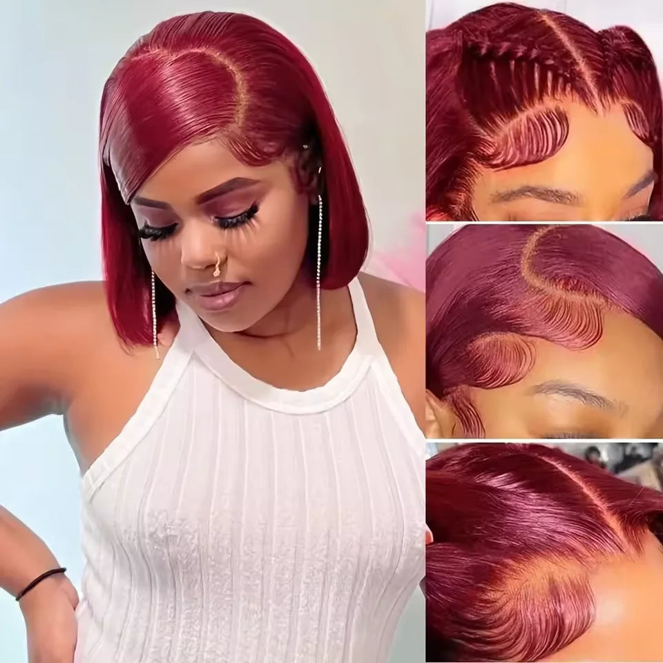 8-14Inch 99J Red Straight Bob Wig V Part Lace Front Human Hair Wig For Women Pre Plucked Glueless 99J Burgundy Colored Bob Wig