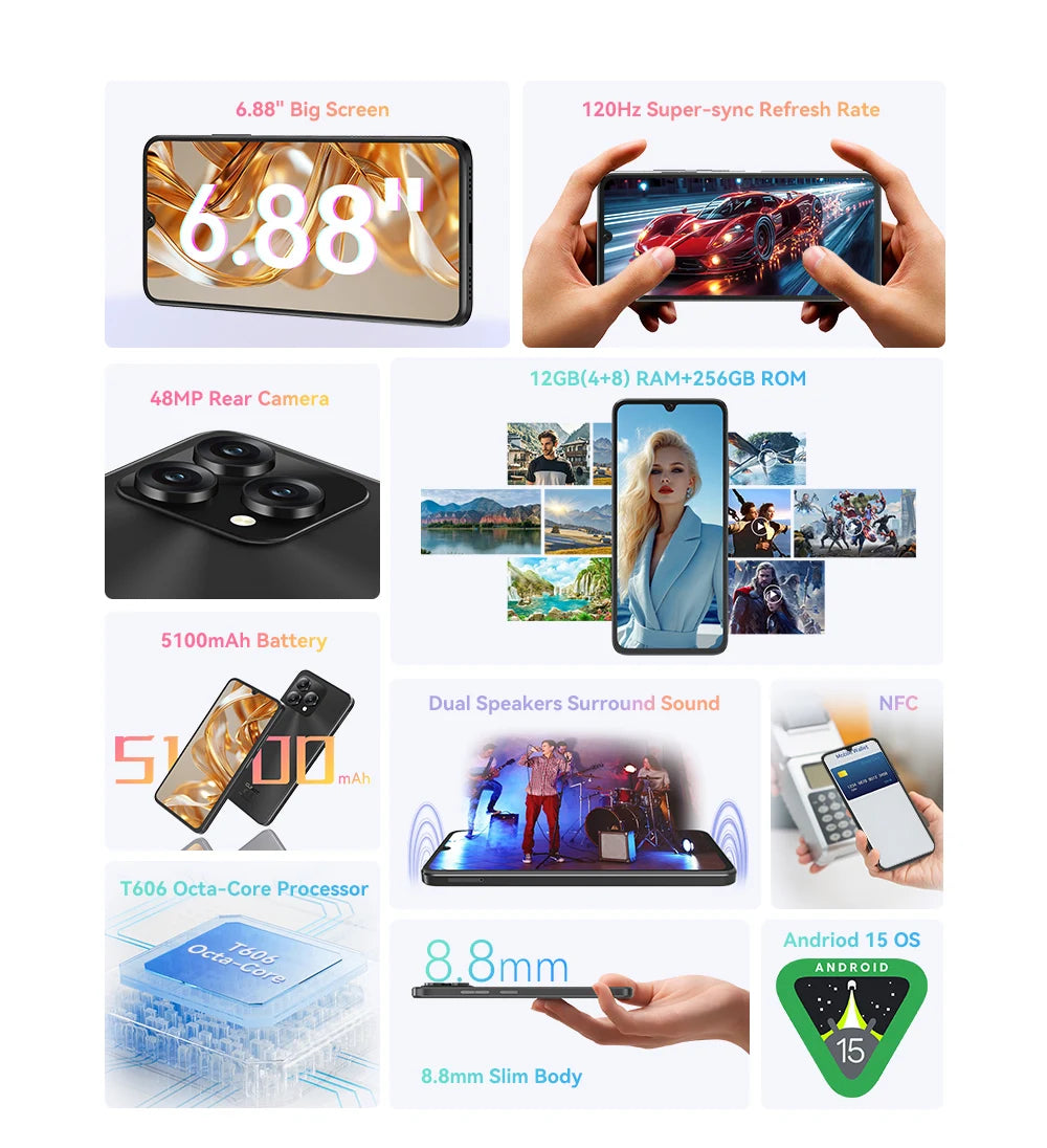 Cubot Smartphone Android 15 A40, 12GB RAM+256GB ROM, 6.88-Inch 120Hz Screen,Octa-core, 48MP Camera, 5100mAh Battery,NFC,Face ID