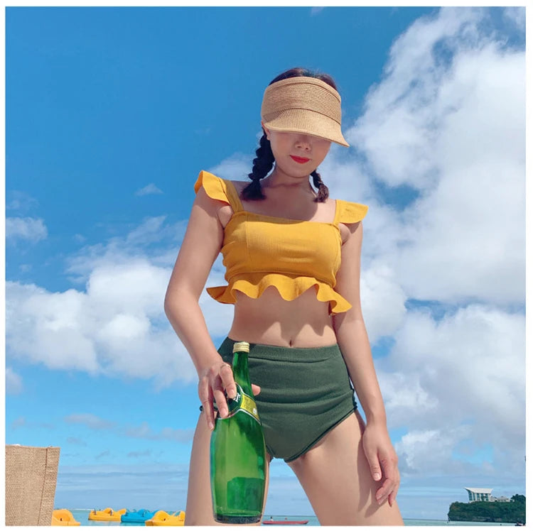 High Waist Women's Bikini Set Padded Ruffle Biquini Suit Two Pieces Swimwear Swimsuit High Quality Beach Suit 2023