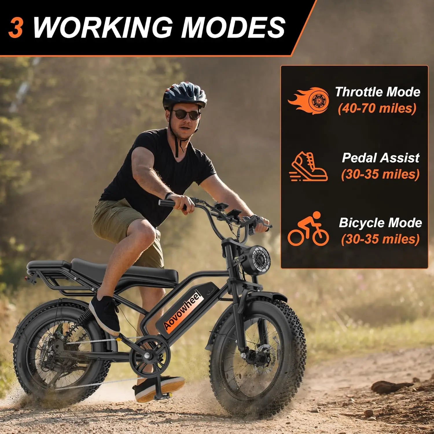 AOVOPRO AOVOWHEEL AP20(AW2PRO) Electric Bike 1500W 20" Fat Tire 31mph Top Speed 70 Miles Range for Road Sand Mountain Snow Electric Motorcycle