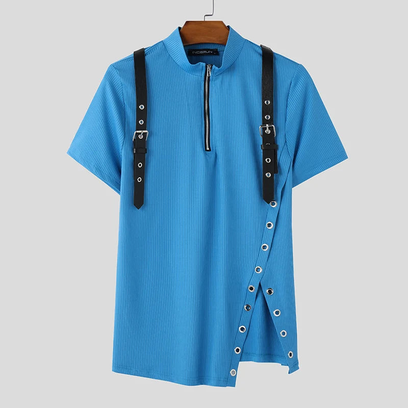 Men T Shirt Patchwork V Neck Short Sleeve Streetwear Zipper Split Men Clothing Summer 2025 Fashion Camisetas Tee Tops INCERUN