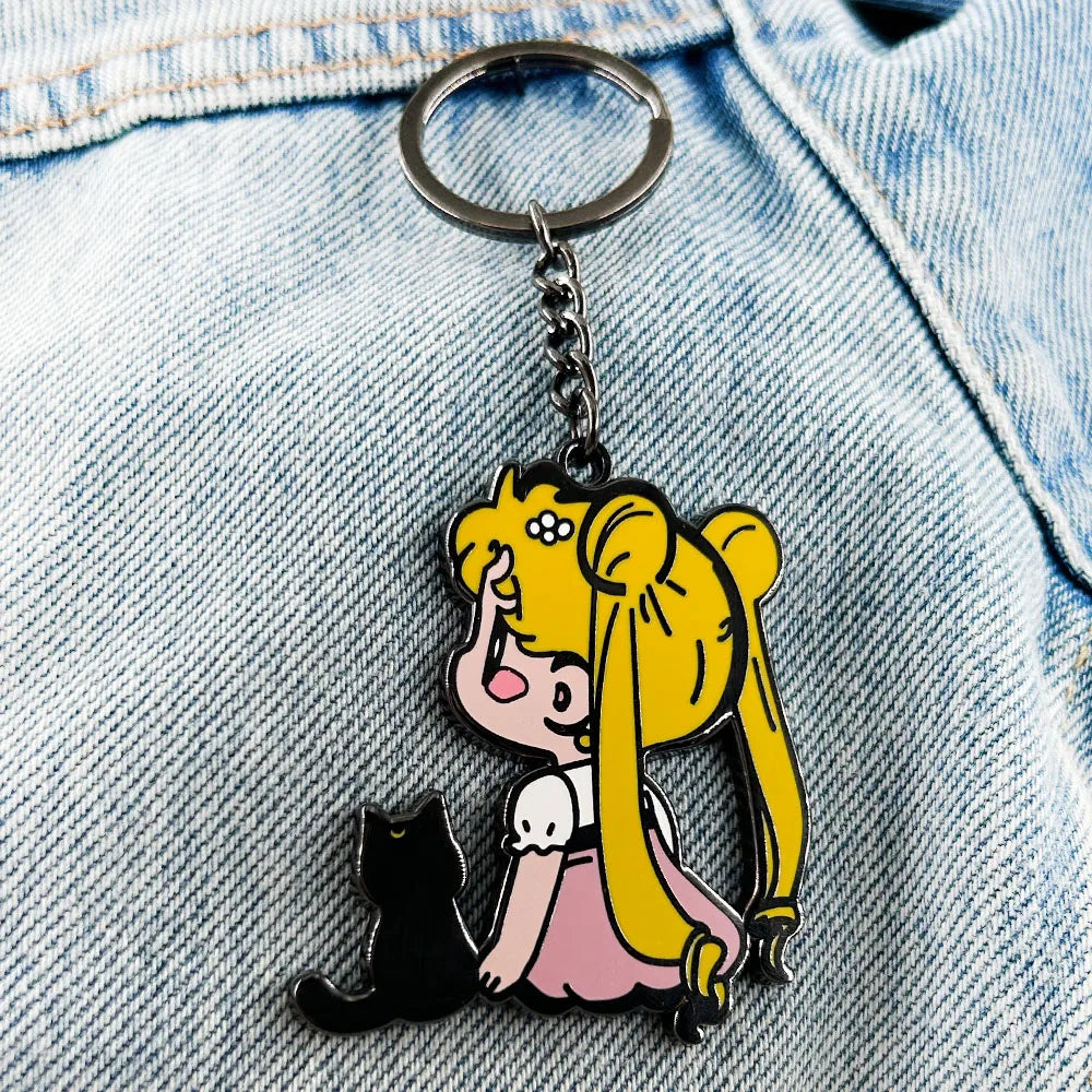 Black Cat And Magical Girl Keychain Kawaii Moon Princess Keyring Chibi Character Pendant Gift