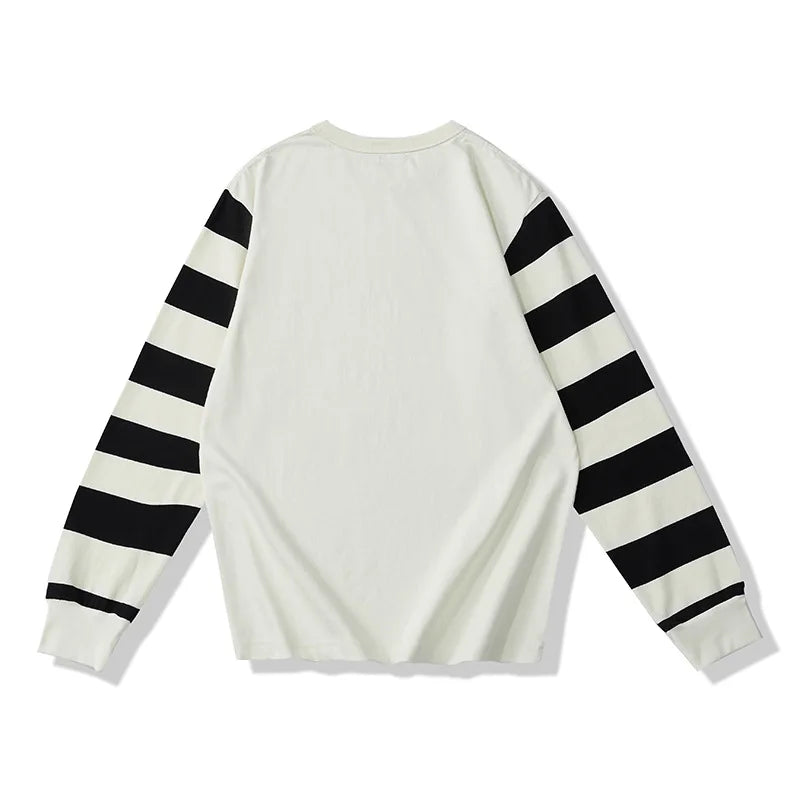 280G Heavyweight Dual Yarn Cotton Spring Fall Fashion Zebra Stripe T-shirt Men's Long Sleeve Casual Loose Tee Premium Basic Tops
