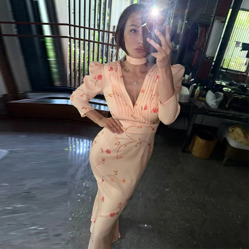 Sexy Print Deep V-neck Midi Dress Women Pleat Slim Puff Half Sleeve Party Holiday Dresses 2025 Summer Lady High Waist Robes