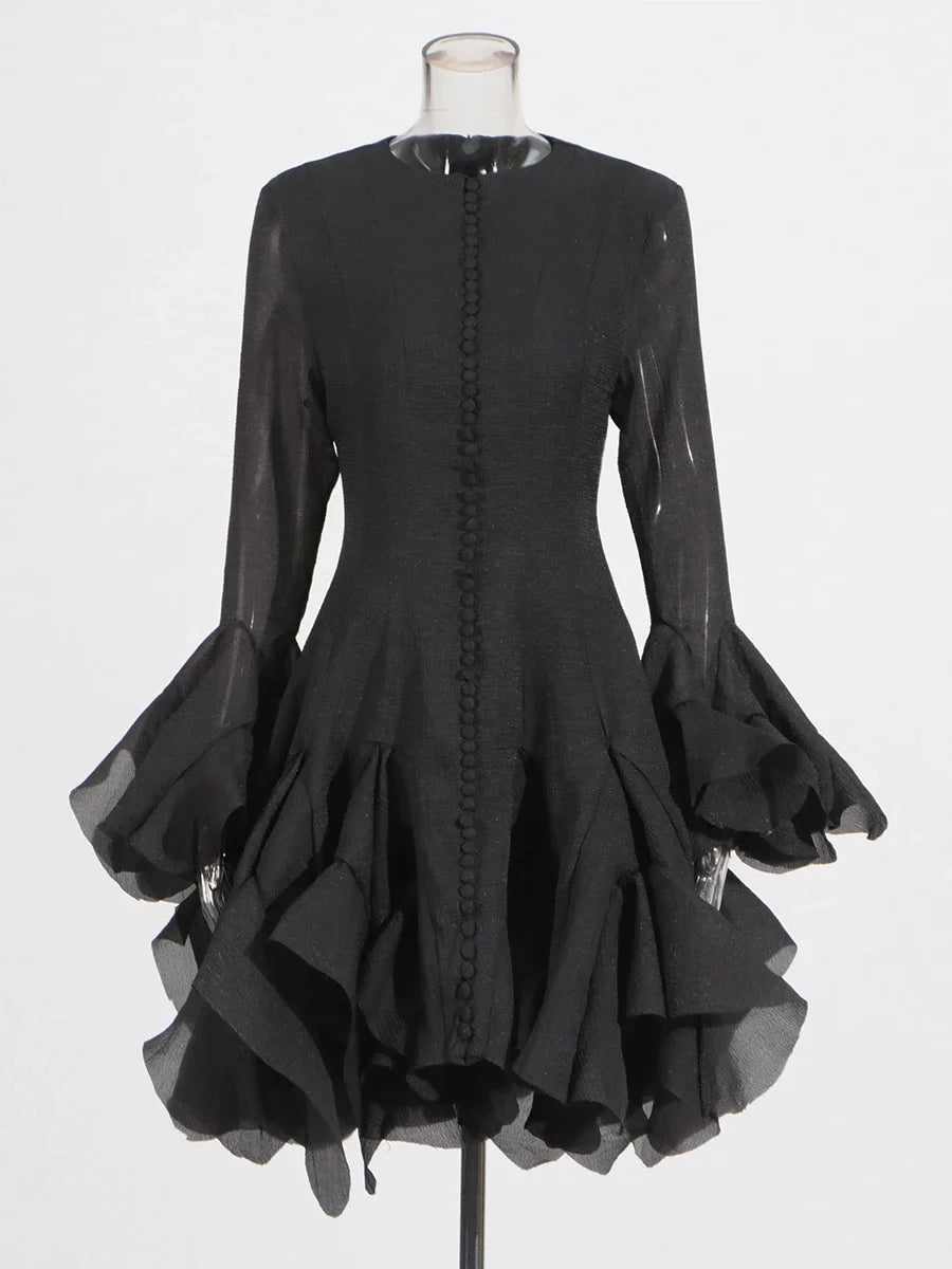 TWOTWINSTYLE Solid Slimming Spliced Folds Dresses for Women Round Neck Long Sleeves Patchwork Buttons Dress Female Clothing New