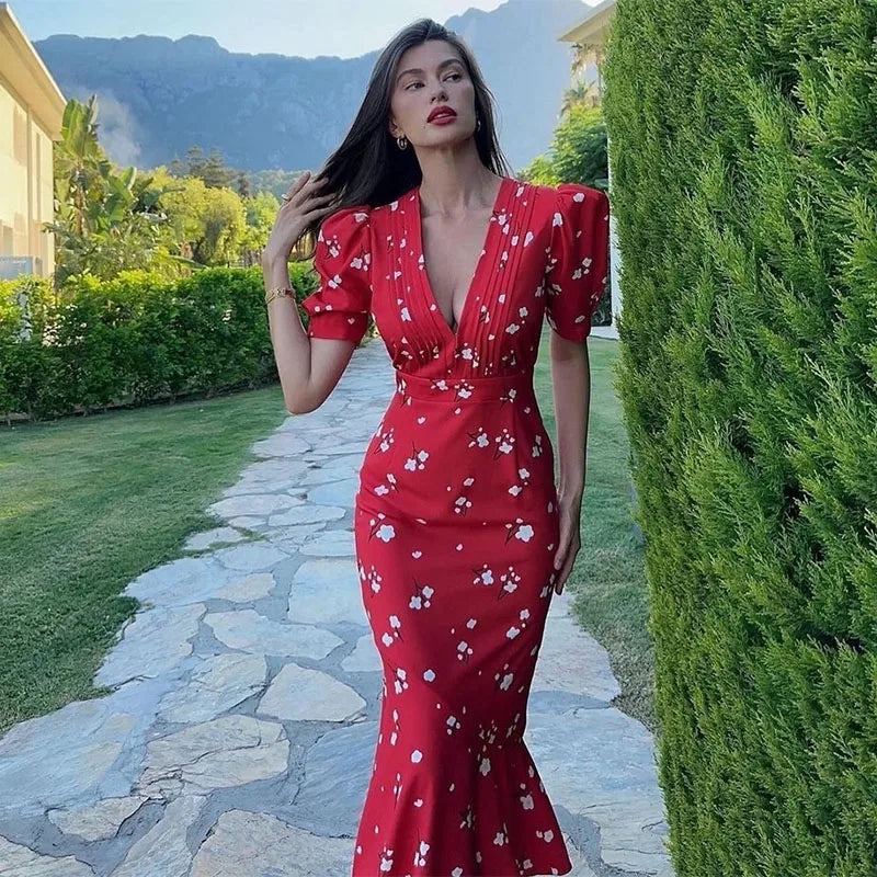 Sexy Print Deep V-neck Midi Dress Women Pleat Slim Puff Half Sleeve Party Holiday Dresses 2025 Summer Lady High Waist Robes