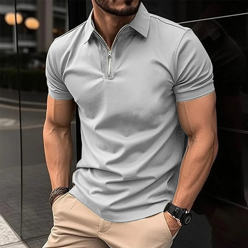 Men's Solid Color Polo Shirt Short Sleeve Zipper Collar Tshirts &for Men Summer Turn-Down Streetwear New Male Jogger Tops