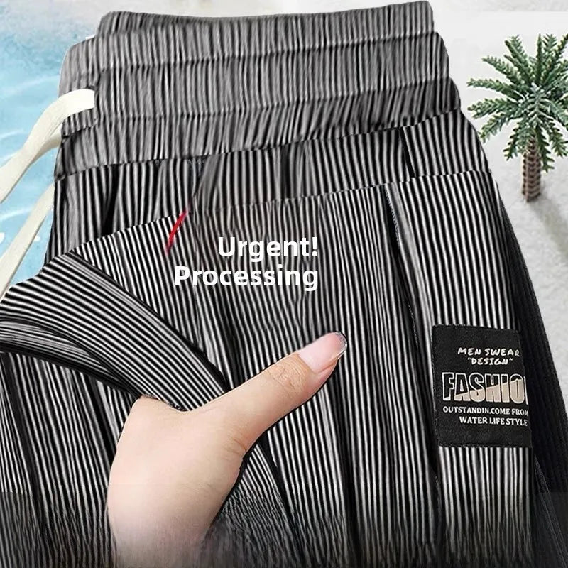 Summer Ice Silk Elastic Waist Sports Pants Men's Lightweight Straight Leg Casual Trousers Youth Fashionable Loose Fit