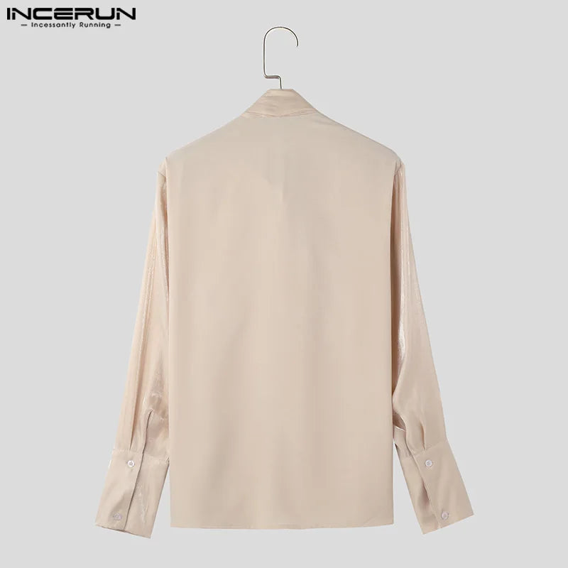 INCERUN Tops 2024 Korean Style Men's Ribbon Pleated Glitter Design Shirts Leisure Male Solid All-match Long Sleeved Blouse S-5XL