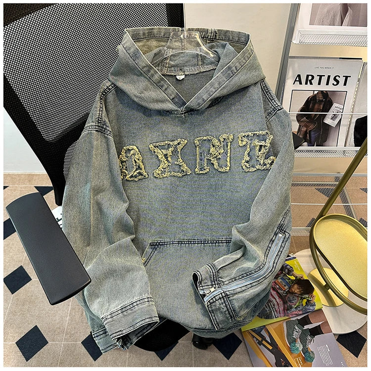 Men's Autumn New Hoodies&Sweatshirts Letter Patchwork Denim Pullover Tops American Fashion Streetwear Ripped Hooded Jackets