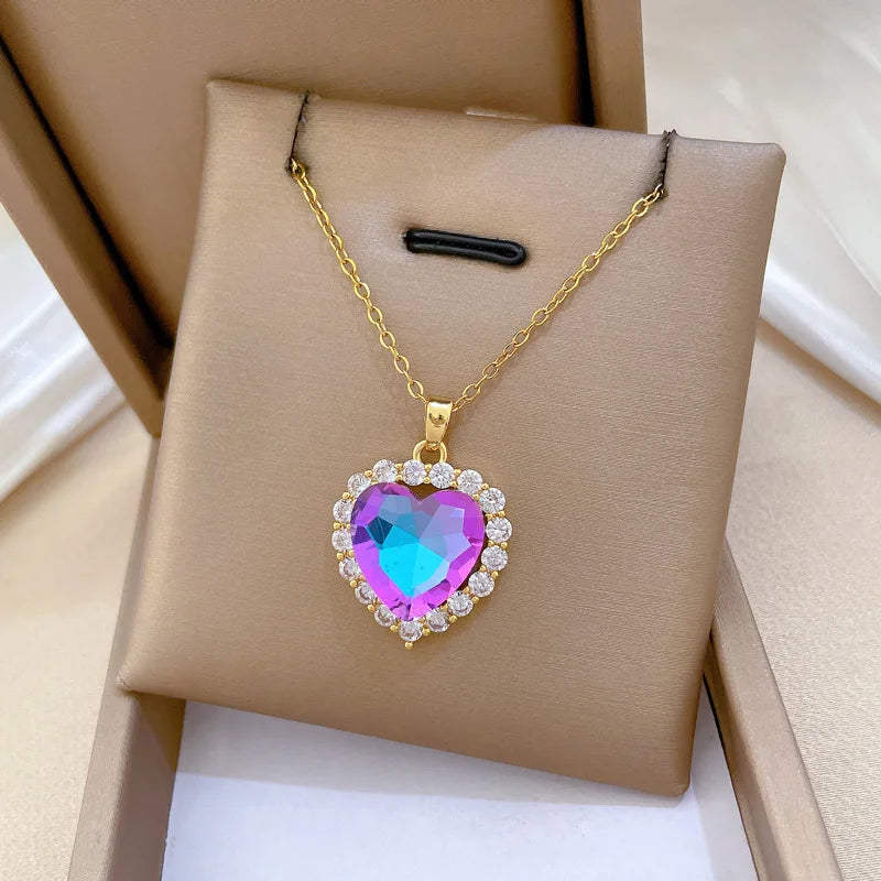 DIEYURO 316L Stainless Steel Colorful Crystal Simple Heart Pendant Necklace Women Girl Fashion Collarbone Chain Jewelry Gift