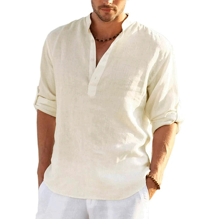 New Men's Linen Long Sleeve T-Shirt Solid Color Loose Spring T-Shirt Long Sleeve Cotton Linen Shirt Plus Size Shirts Men