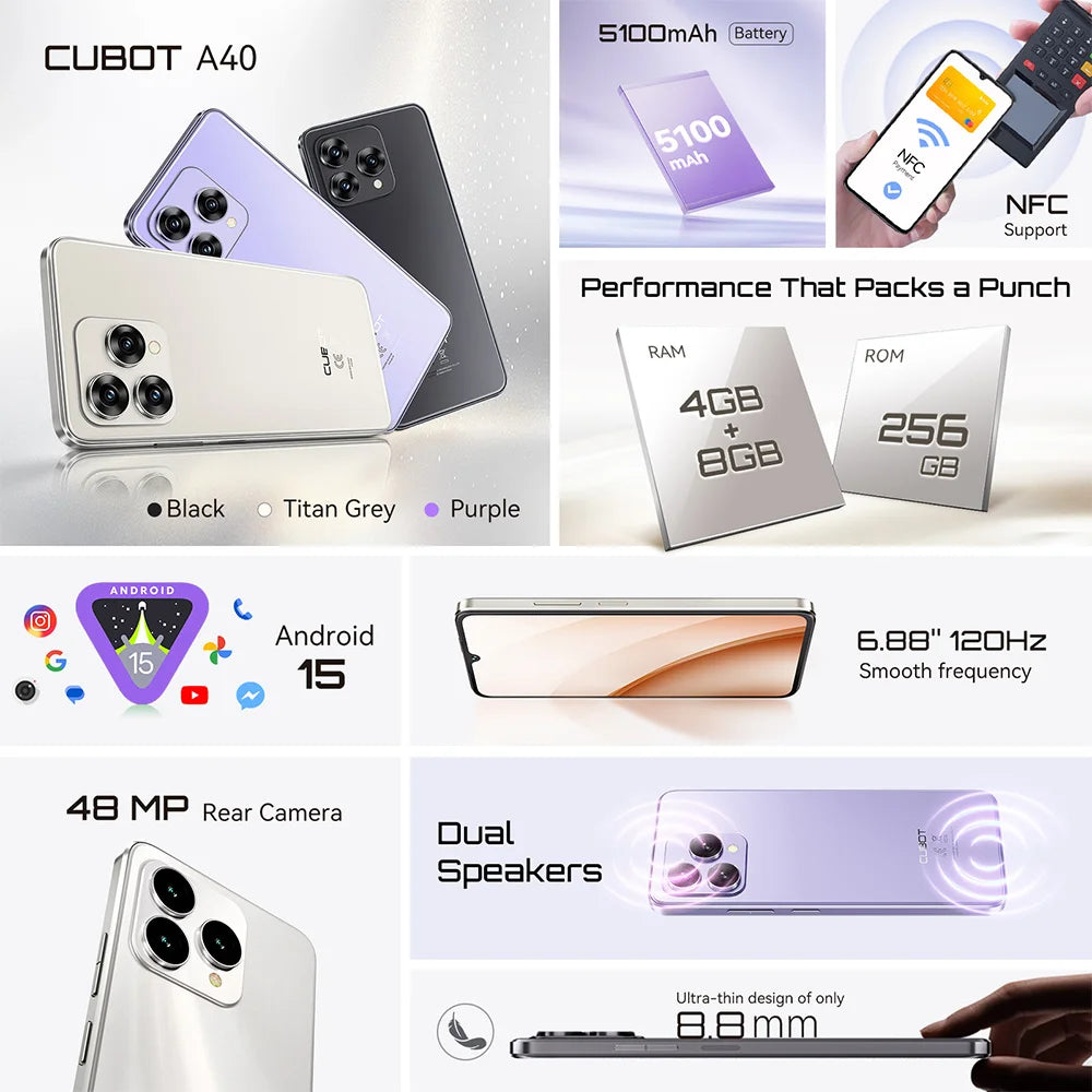 Cubot Smartphone Android 15 A40, 12GB RAM+256GB ROM, 6.88-Inch 120Hz Screen,Octa-core, 48MP Camera, 5100mAh Battery,NFC,Face ID