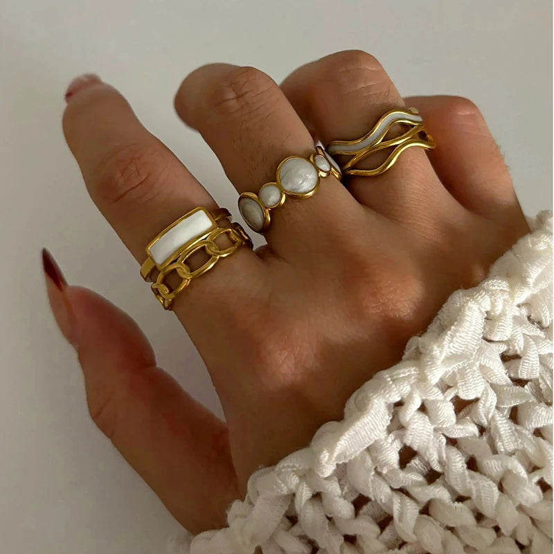 Stainless Steel Vintage White Enamel Open Rings for Women 18K Gold Plated Adjustable Finger Ring Wedding Chic Jewelry