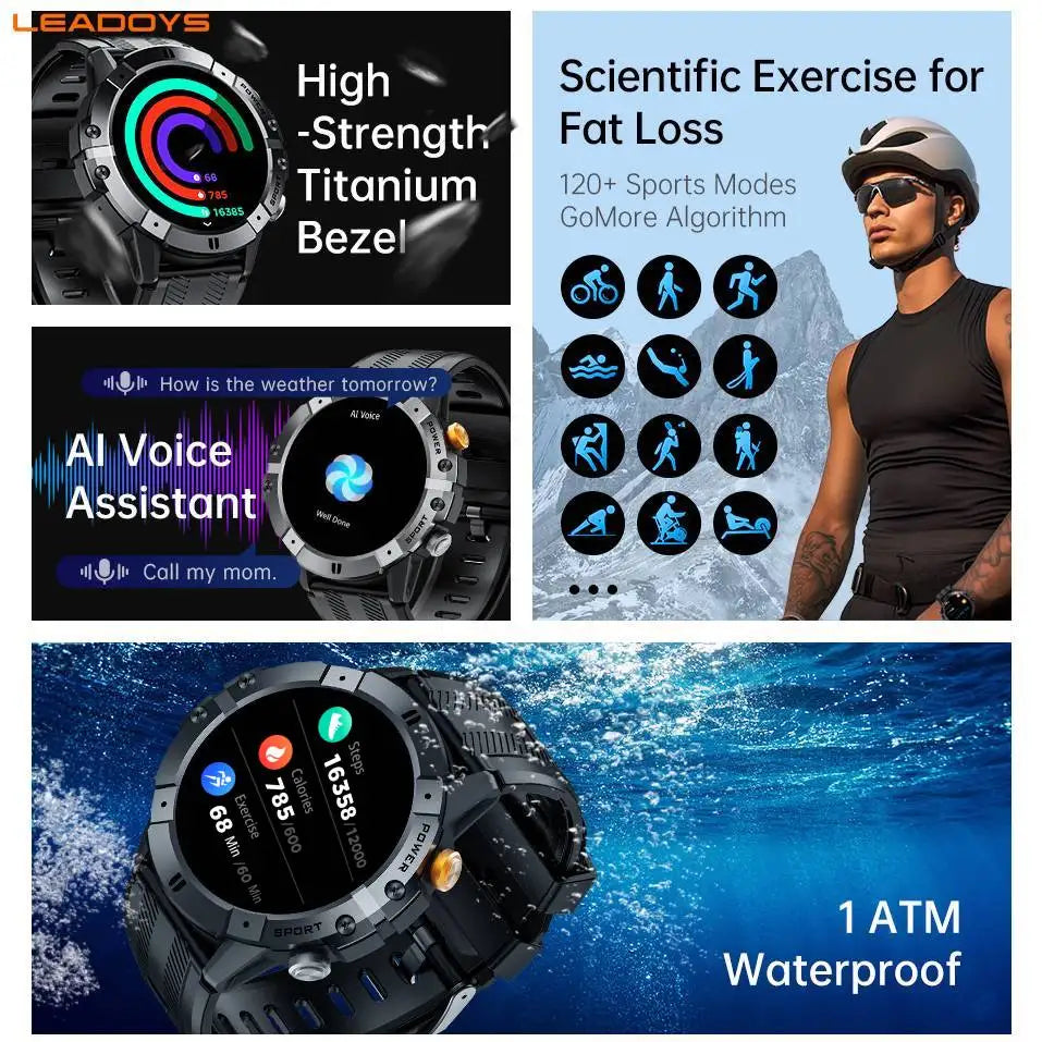 Rugged Fitness Smartwatch - 100+ Professional Sport Modes, Life Waterproof, Smart Message Notifications, Precision Sleep Tracker