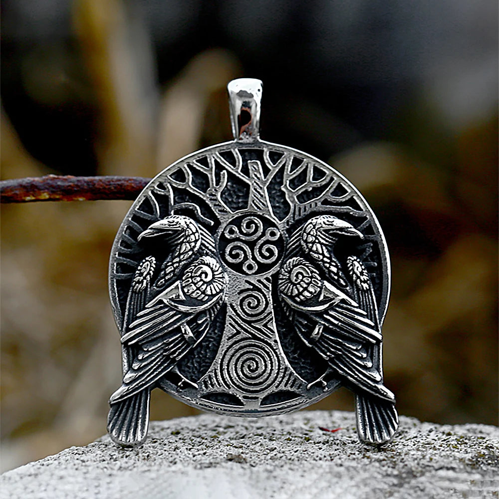 Fashion Vintage Viking Odin Double Ravens Necklace Stainless Steel Nordic Tree of Life Pendant for Men Amulet Jewelry Wholesale