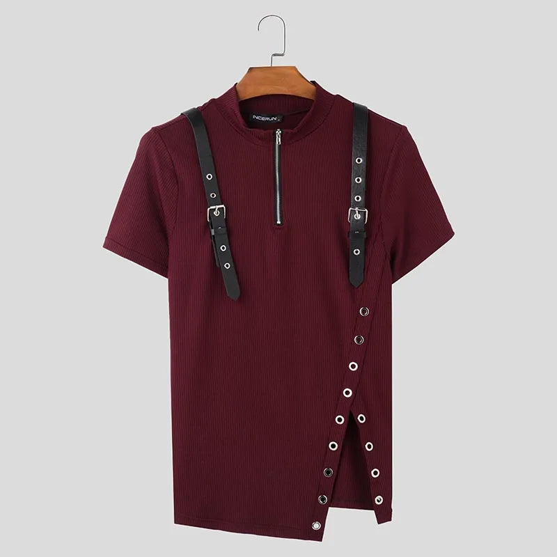 Men T Shirt Patchwork V Neck Short Sleeve Streetwear Zipper Split Men Clothing Summer 2025 Fashion Camisetas Tee Tops INCERUN
