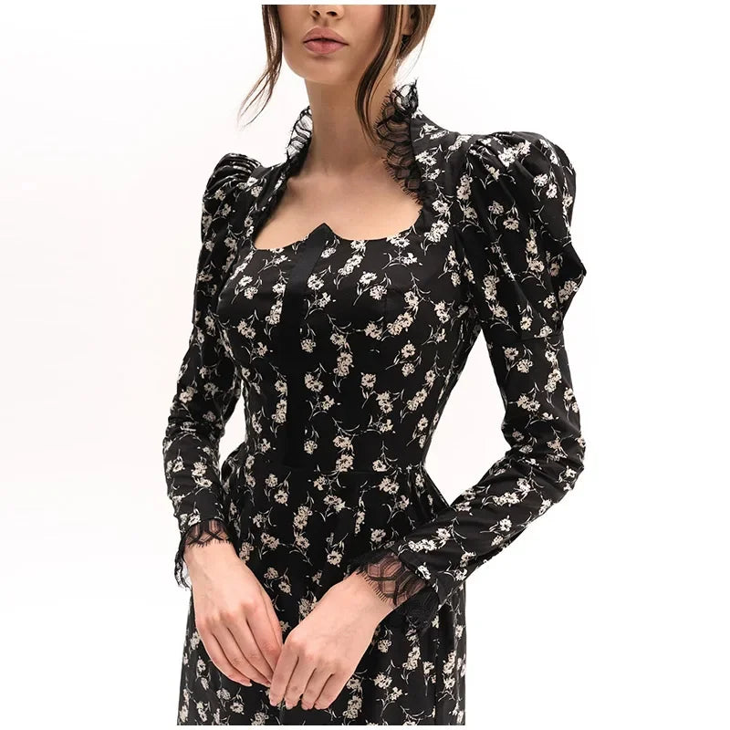 Square Collar Puff Sleeve Women Dress Patchwork Slim Pleated Lady Maxi Dresses 2026 Elegant Spring Vintage Female Vestidos