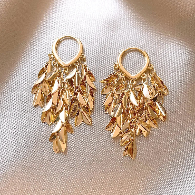 South Korea new design fashion jewelry 14K gold plated leaf tassel love earrings elegant women's daily work accessories