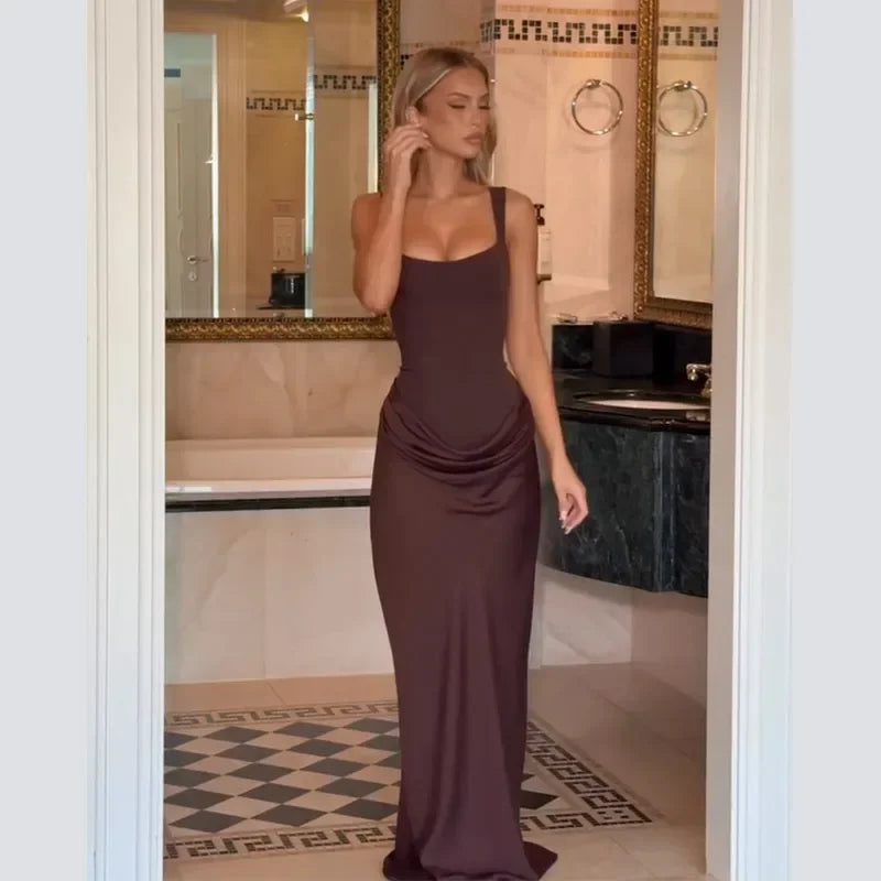 Sexy Luxury Pleated Sling Long Dress Women Elegant Solid Sleeveless Slim Fit Maxi Dresses 2026 Shinny Daily Lady Vestidos New