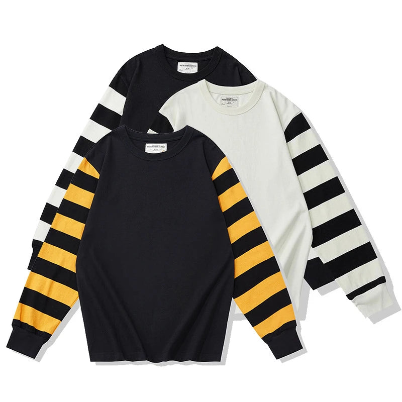 280G Heavyweight Dual Yarn Cotton Spring Fall Fashion Zebra Stripe T-shirt Men's Long Sleeve Casual Loose Tee Premium Basic Tops
