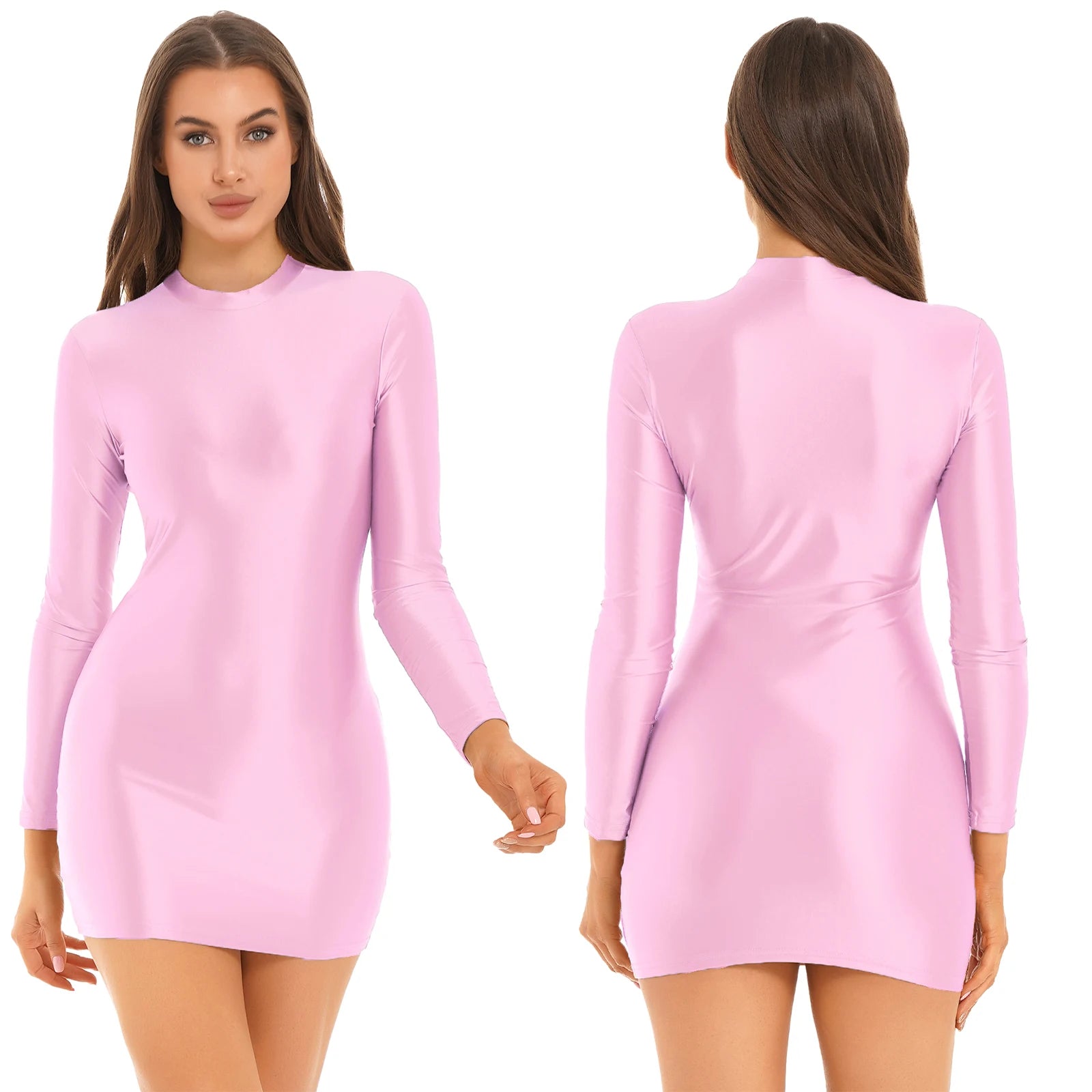 Women Glossy Bodycon Dress Long Sleeve Oil Shiny Smooth Mini Pencil Dress Stretchy Mock Neck Tight  Party Dresses Dance Clubwear