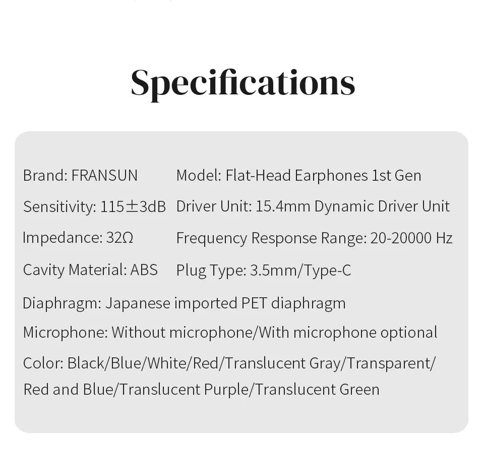 Fransun 1st Gen Flat-Head Earphones 15.4mm Dynamic Driver Earbuds 15.4mm Dynamic HiFi Sound Tears-of-Regret Headphones With Mic