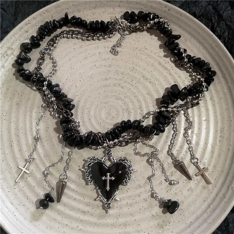 Goth Vintage Y2K Dark Red Heart Cross Pendant Irregular Stone Bead Choker Necklace Women Punk Halloween Grunge EMO Accessories