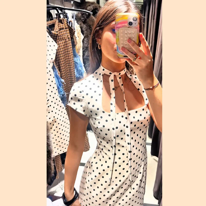 Sexy Women's Dress Halter Lace Up Short Sleeve Polka Print Female Dresses 2026 Early Spring New Fashion Chic Party Lady Robes