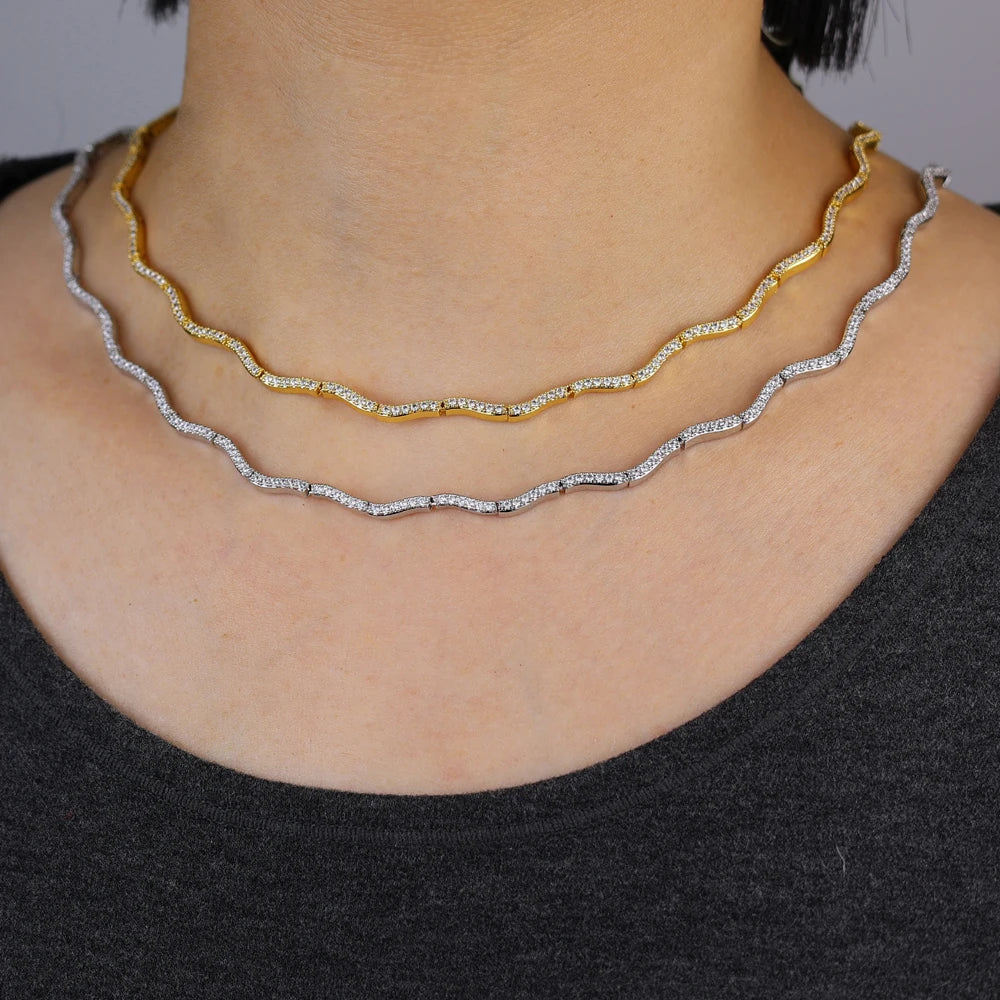 2026 New Arrived Trendy Women Jewelry Set Micro Paved CZ Curved Bar Wave Charm Chain Braelet Choker Necklace