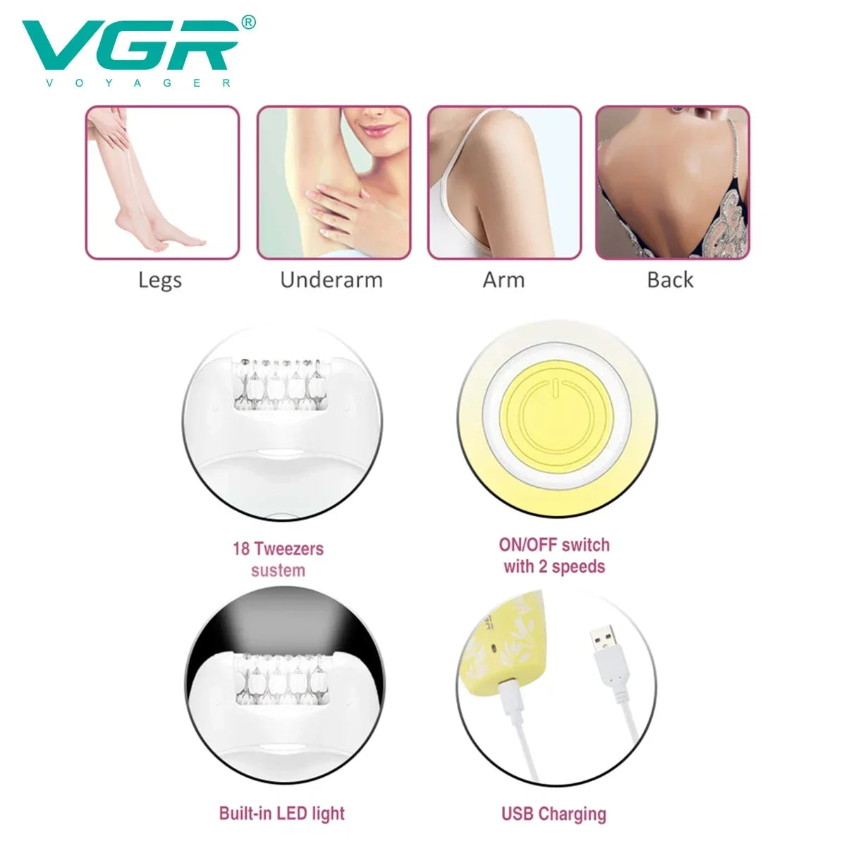 VGR Hair Remover Professional Women Face Hair Removal Bkini Epilator Electric Trimmer Leg Underarm Body Rechargeable  V-738