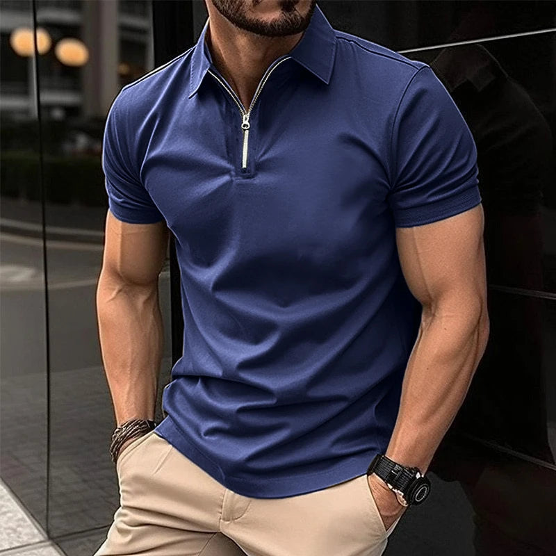 Men's Solid Color Polo Shirt Short Sleeve Zipper Collar Tshirts &for Men Summer Turn-Down Streetwear New Male Jogger Tops