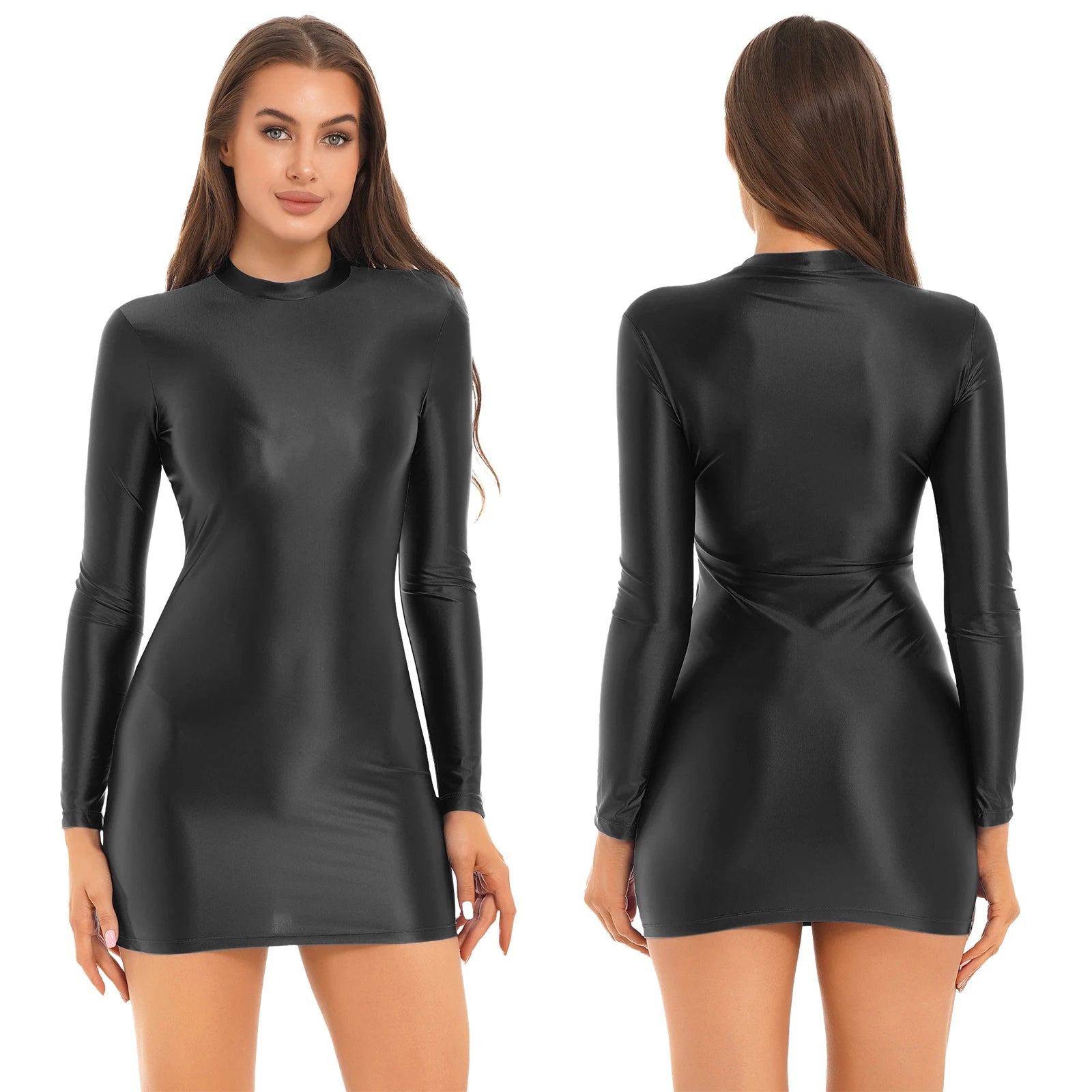 Women Glossy Bodycon Dress Long Sleeve Oil Shiny Smooth Mini Pencil Dress Stretchy Mock Neck Tight  Party Dresses Dance Clubwear