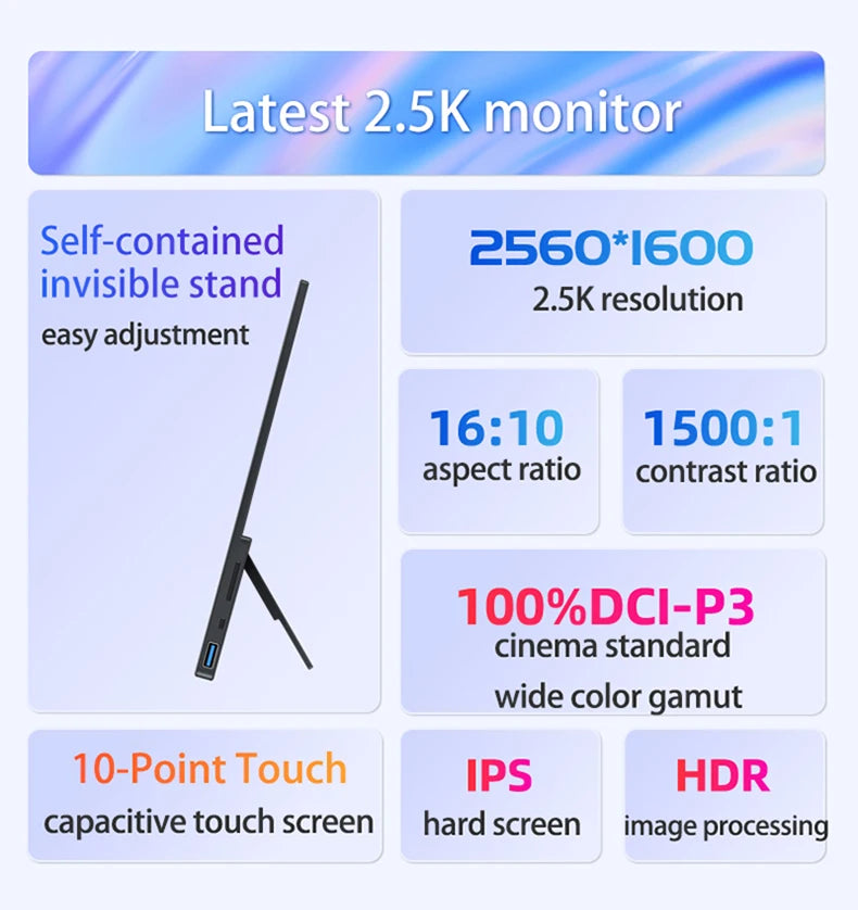 VCHANCE 16 Inch 2.5K Portable Monitor 16:10 2560*1600p 100%DCI-P3 500Nit Travel Second Gaming Display for Laptop Xbox Switch ps4
