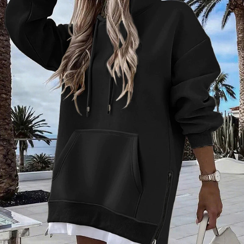Women's Long Sleeve Patchwork Pullover Hoodie Autumn Winter Fashion Drawstring Loose Zipper Simple Hoodies 2025 Top Streetwear