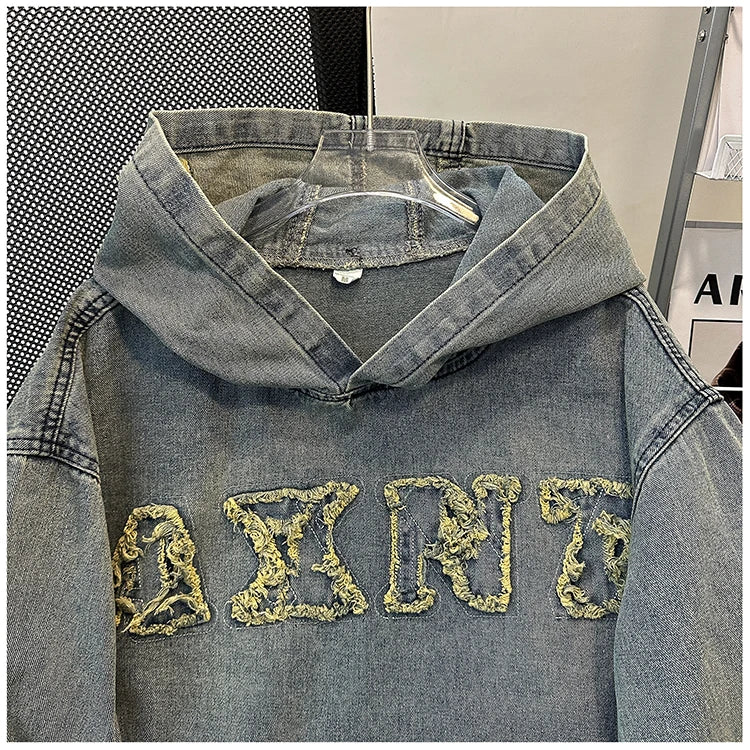 Men's Autumn New Hoodies&Sweatshirts Letter Patchwork Denim Pullover Tops American Fashion Streetwear Ripped Hooded Jackets