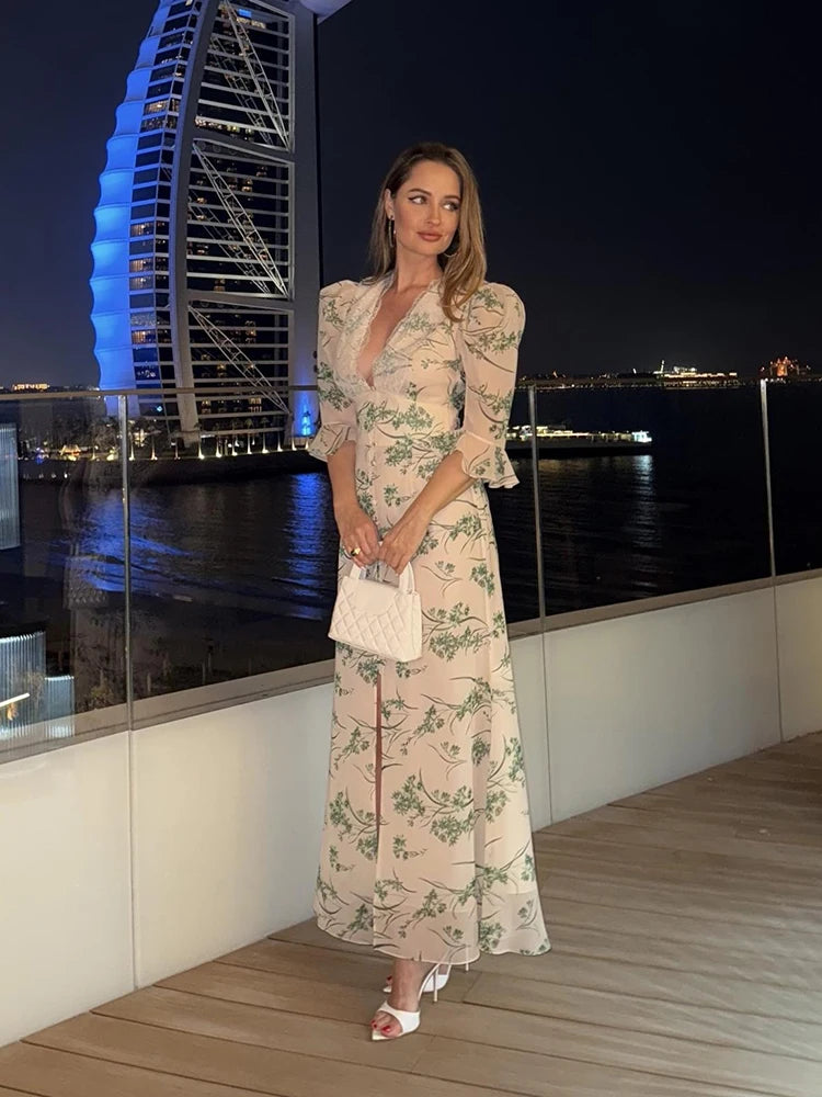 Women Dress Lace Trim Deep V-Neck Short Sleeve Dresses Floral Print Flowy Front Elegant Summer Vacation Streetwear Dress Ladies