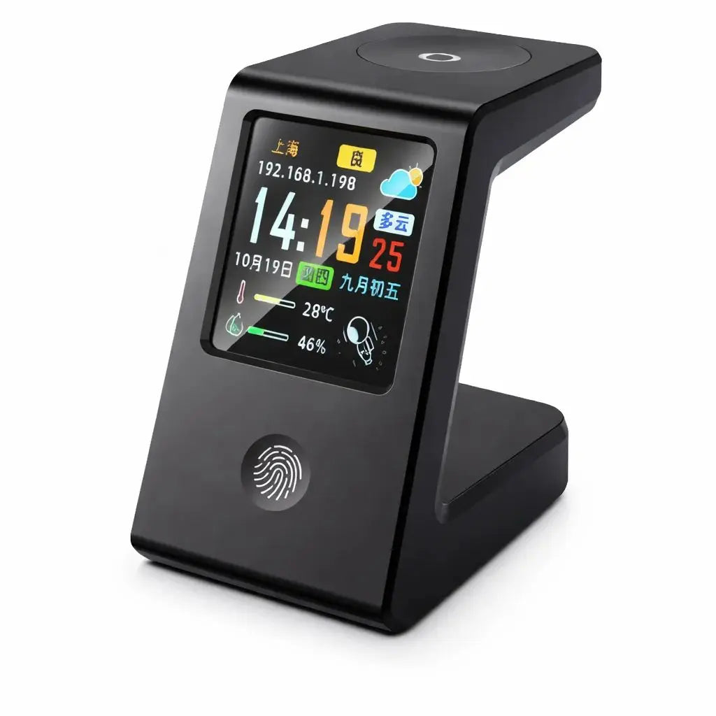 Slim WiFi-weerhorlosie, met draadlose laai vir horlosies, digitale tafelhorlosie, intydse weervertoning, raakbeheer