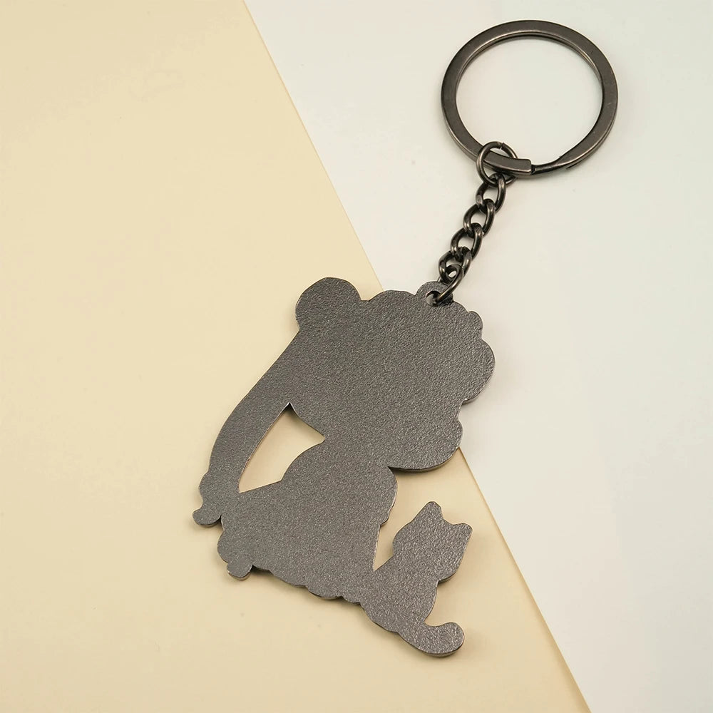 Black Cat And Magical Girl Keychain Kawaii Moon Princess Keyring Chibi Character Pendant Gift