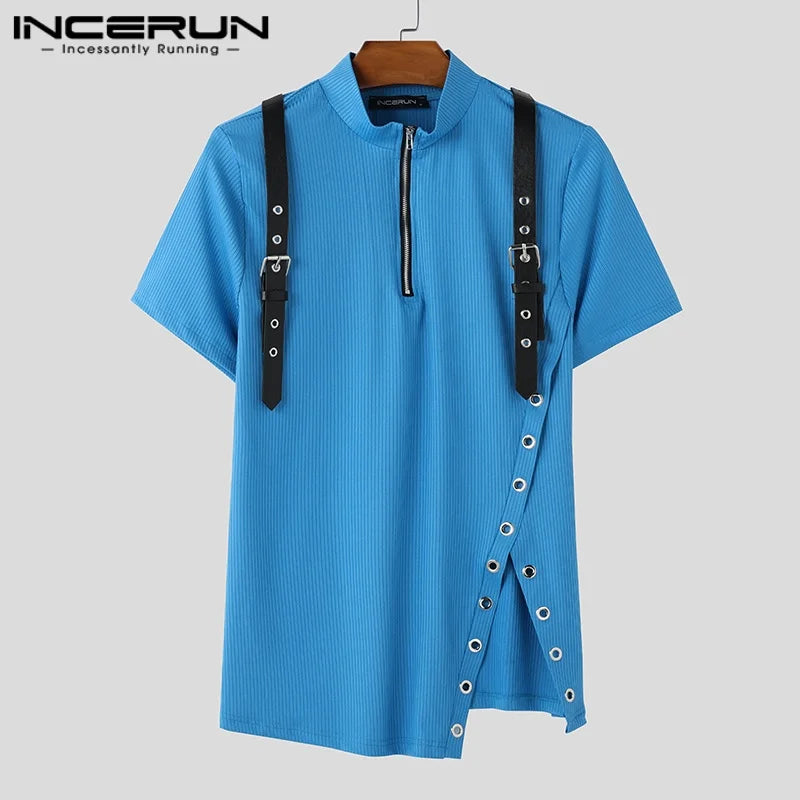 Men T Shirt Patchwork V Neck Short Sleeve Streetwear Zipper Split Men Clothing Summer 2025 Fashion Camisetas Tee Tops INCERUN