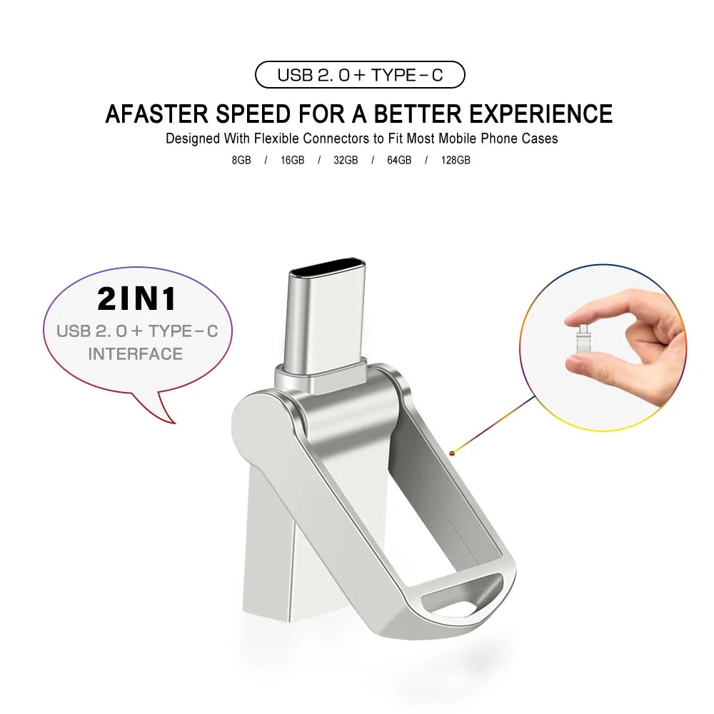 Metal Mini TYPE-C 2 IN 1 USB Dual Flash Drive 64GB Tiny Pen Drive 32GB Key Chain Memoria USB Memory Disk 128G 16GB Pendrives