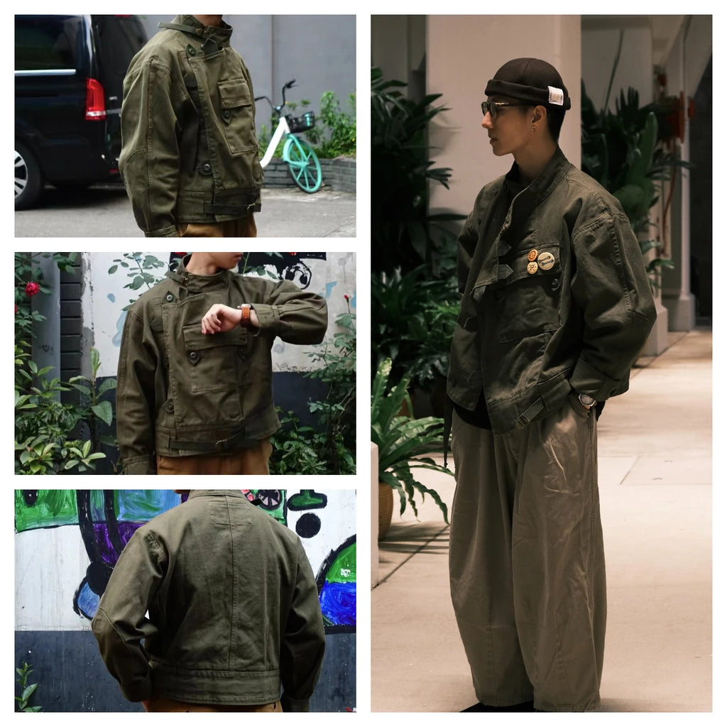 Maden Retro 16oz Canvas Swedish Motorcycle Green Jacket Pocket Bomber Jacket Casual Hunting Work Outwear for Men Spring and Fall