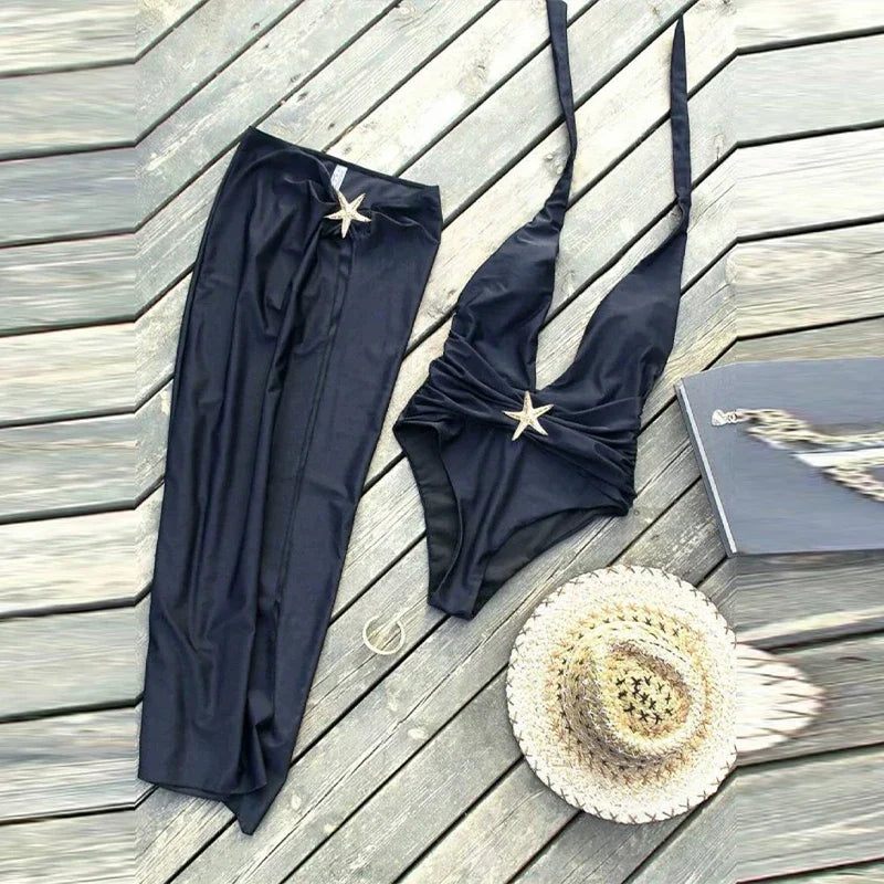 Sexy Halter Starfish Decorative Bikini Set Women 2025 Summer Solid Deep V-neck Swimsuit Side Split Skirt Lady Beach Holiday Suit