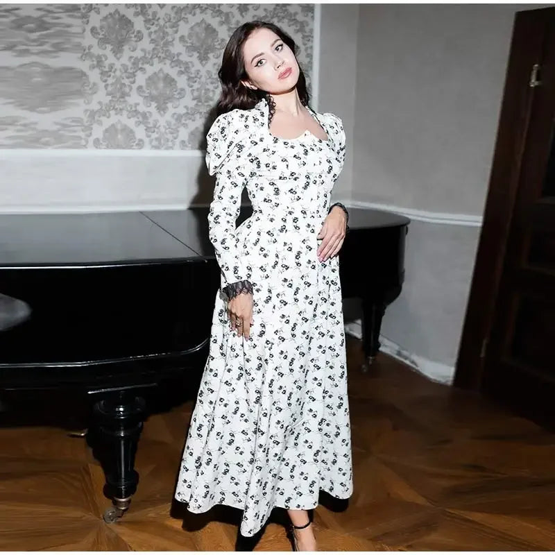 Square Collar Puff Sleeve Women Dress Patchwork Slim Pleated Lady Maxi Dresses 2026 Elegant Spring Vintage Female Vestidos
