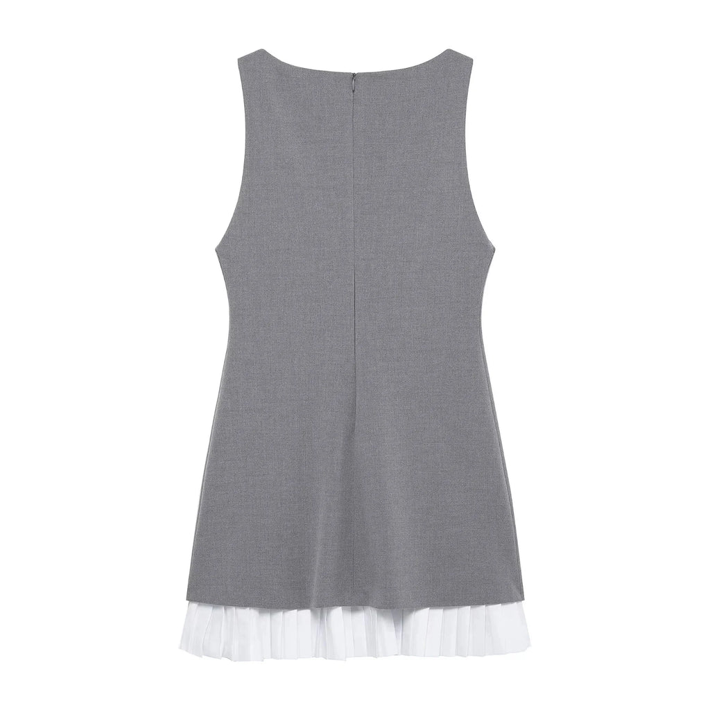 KONDALA Sleeveless O-Neck Mini Gray Dress for Women Sexy Patchwork Zipper Club Casual Fashion Spring Summer 2025 Vintage Dresses